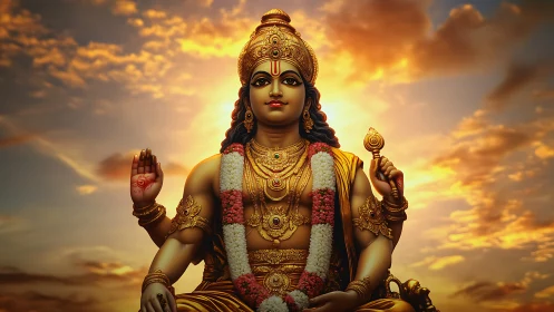 Golden deity statue sits frontally against glowing sunset sky