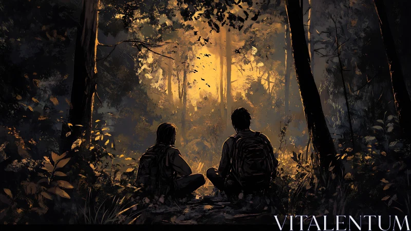 Two figures positioned in forest with golden atmospheric lighting