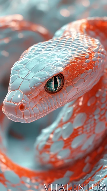 Coiled synthetic snake model with teal and orange scales.