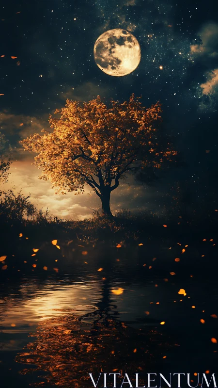 Nocturnal lakeside tree under full moon with amber foliage