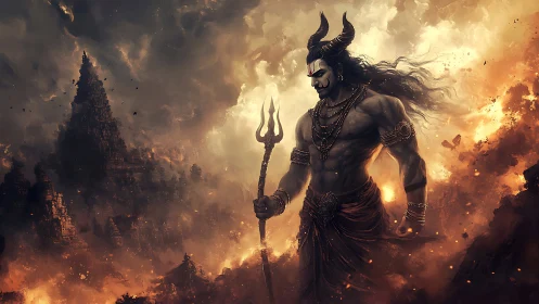 Demonic warlord with trident amid burning temple ruins.