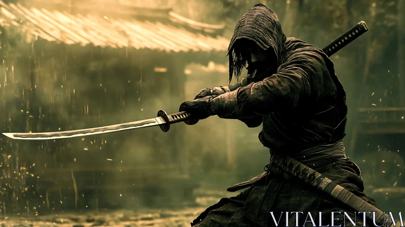 Hooded samurai readies a glowing blade in quiet rain.