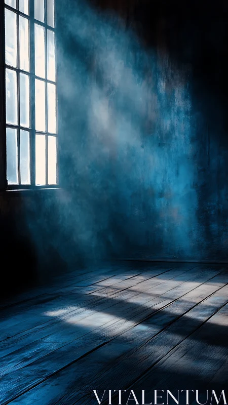 Moody blue room where window light cuts through misty dust.