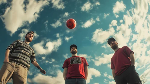 Three men under basketball in low angle cloudy sky shot.