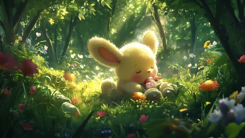 Fluffy bunny resting with toy in softly lit forest glade.