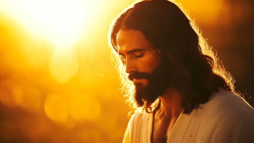 Sunlit profile of serene bearded man in glowing reverence.