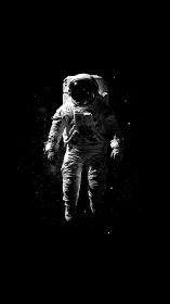 Monochrome depiction of astronaut floating in open space.