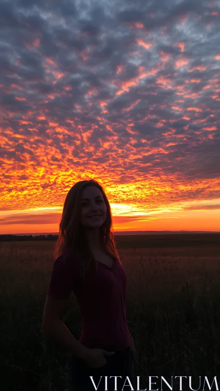 Backlit portrait silhouette under dense altocumulus sunset field