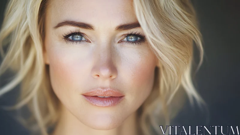 Close-up portrait of blonde woman with blue eyes and focus.