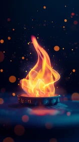 Incandescent Flame Rising From Technological Platform In Dark Ambient Space