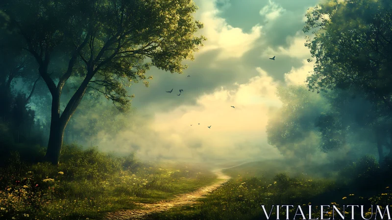 Misty forest path with golden light breaking through trees.