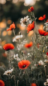 Red poppies with white flowers in soft focus garden.