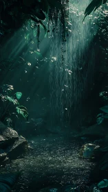 Cascading waterfall forest rain through canopy depths.