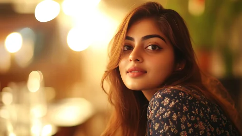 Portrait of young woman in warm indoor ambient light.
