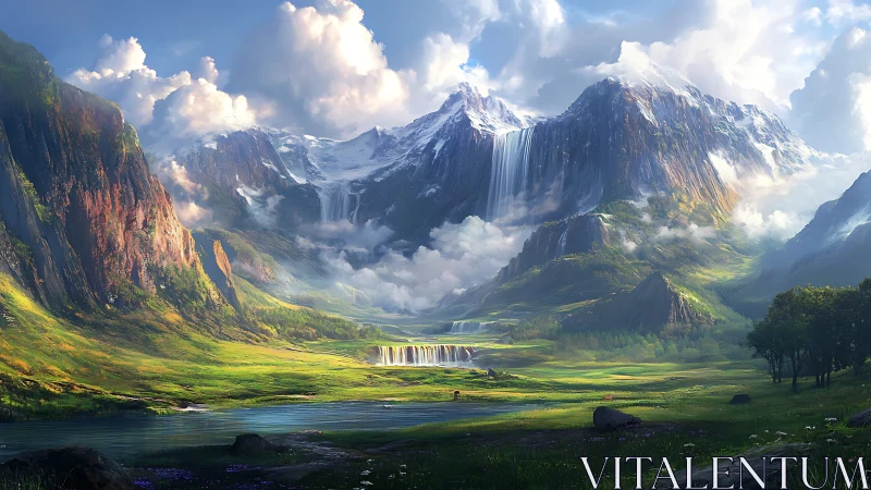 Sunlit alpine valley with cascading crystal waterfalls.