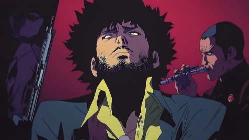 Central male figure framed by two secondary profiles in red light