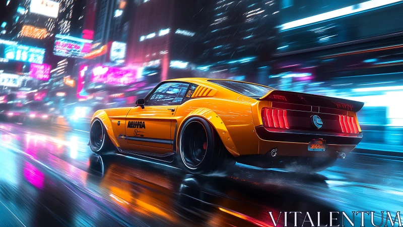 Orange muscle car speeds through neon city at night