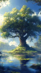 Ancient oak tree rises over tranquil reflective forest pond