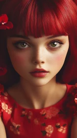 Scarlet-haired girl portrait with floral red dress and freckles.