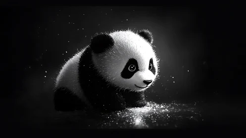 Baby panda rendered in high contrast digital monochrome.