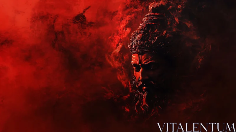 Divine warrior&rsquo;s burning visage emerges from shadowed crimson mist