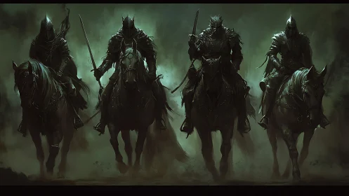Armored dark riders on horseback in a misty green haze.