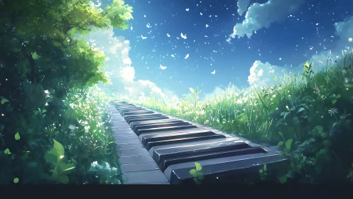 Piano key pathway extending through sunlit grassy landscape.