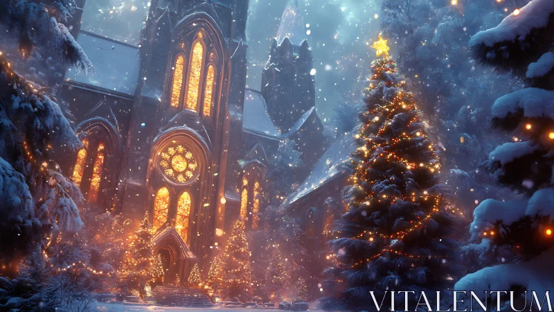 Snowlit cathedral windows spill Christmas fire into night
