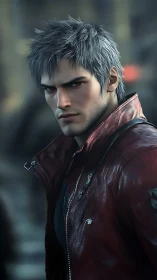 Brooding silver-haired warrior in glossy red jacket portrait.
