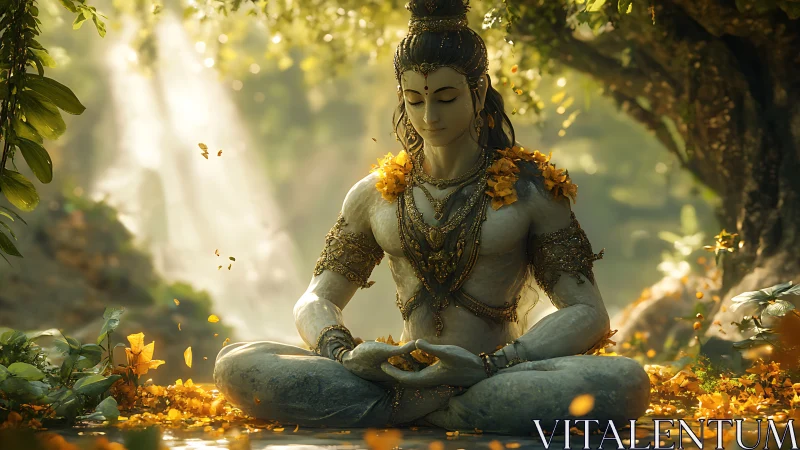 Gentle stone deity in golden forest meditation glow.