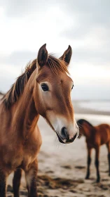 Chestnut horse stands on misty shoreline at dusk.
