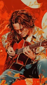 Guitarist in fiery orange tones plays an acoustic solo.