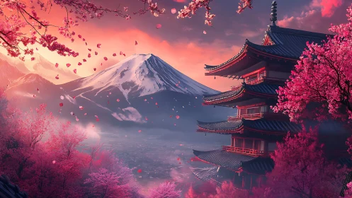 Cherry blossom pagoda with snow-capped mountain backdrop.