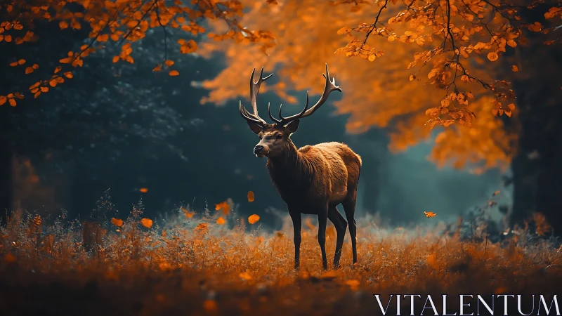 Majestic stag in cinematic autumn woodland haze at dusk.