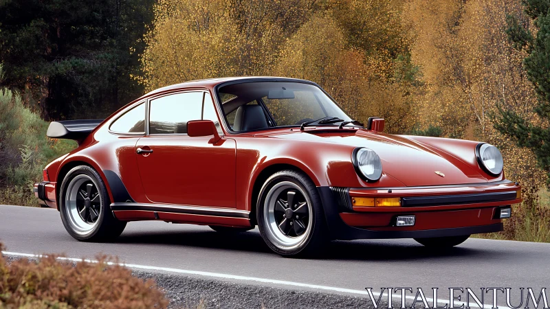 Classic red sports coupe glides along a calm forest road