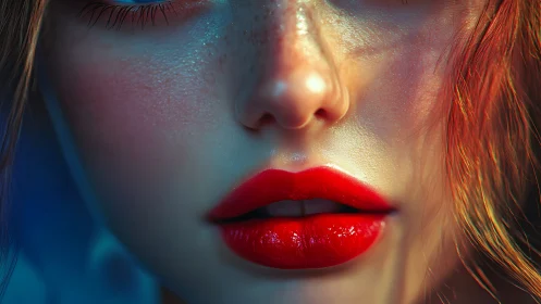 Sensual close-up of glossy red lips in neon light.