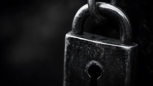 Steel padlock macro captures worn metal security symbol.