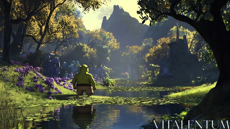 Gentle ogre resting beside a glowing woodland stream.