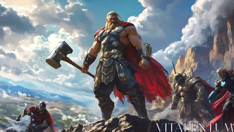 Mighty hammer-wielding warrior leading heroes above cliffs.