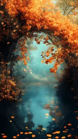 Copper leaves bend low to crown a river of quiet turquoise