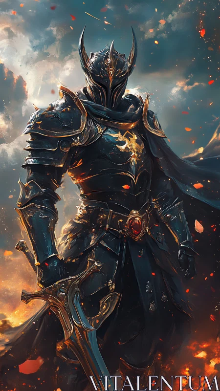 Dark armored warlord in molten sky with ember-lit sword.