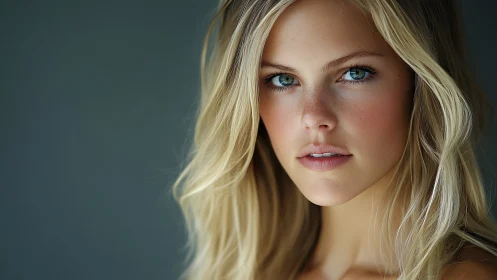 Portrait shows blonde woman with blue eyes against neutral background