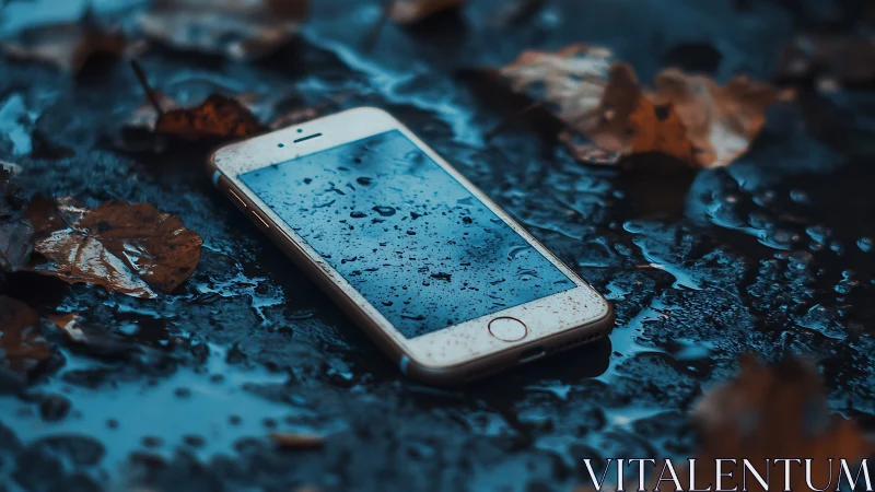 White smartphone resting on wet blue surface with water droplets and fallen leaves