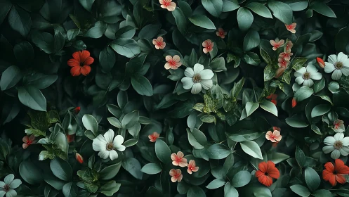 Lush Garden Tapestry: Coral, White, and Emerald Blooms.