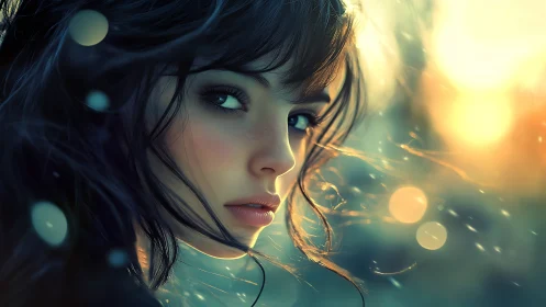 Soft twilight portrait with dreamy light and gentle mystery.