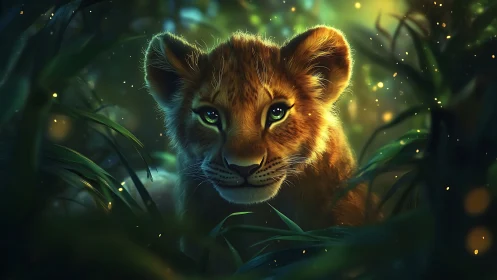 Young lion cub in dense jungle with glowing ambient light