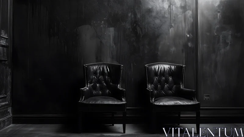 Twin black leather chairs sit in a moody, shadowed interior