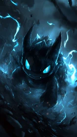 Glowing blue-eyed creature charges through storm-lit darkness