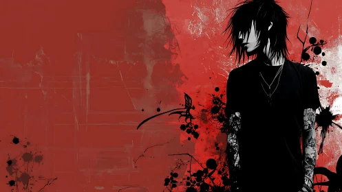 Ink-splattered emo silhouette against distressed crimson field.