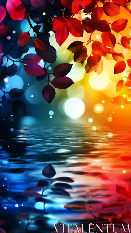 Colorful bokeh leaves reflect over rippling twilight water